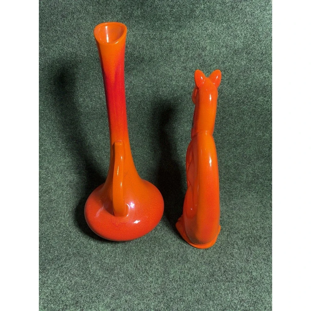 Royal‎ Haeger MCM Pottery Orange Winking Cat Statue + Vase Green Eye Figurine